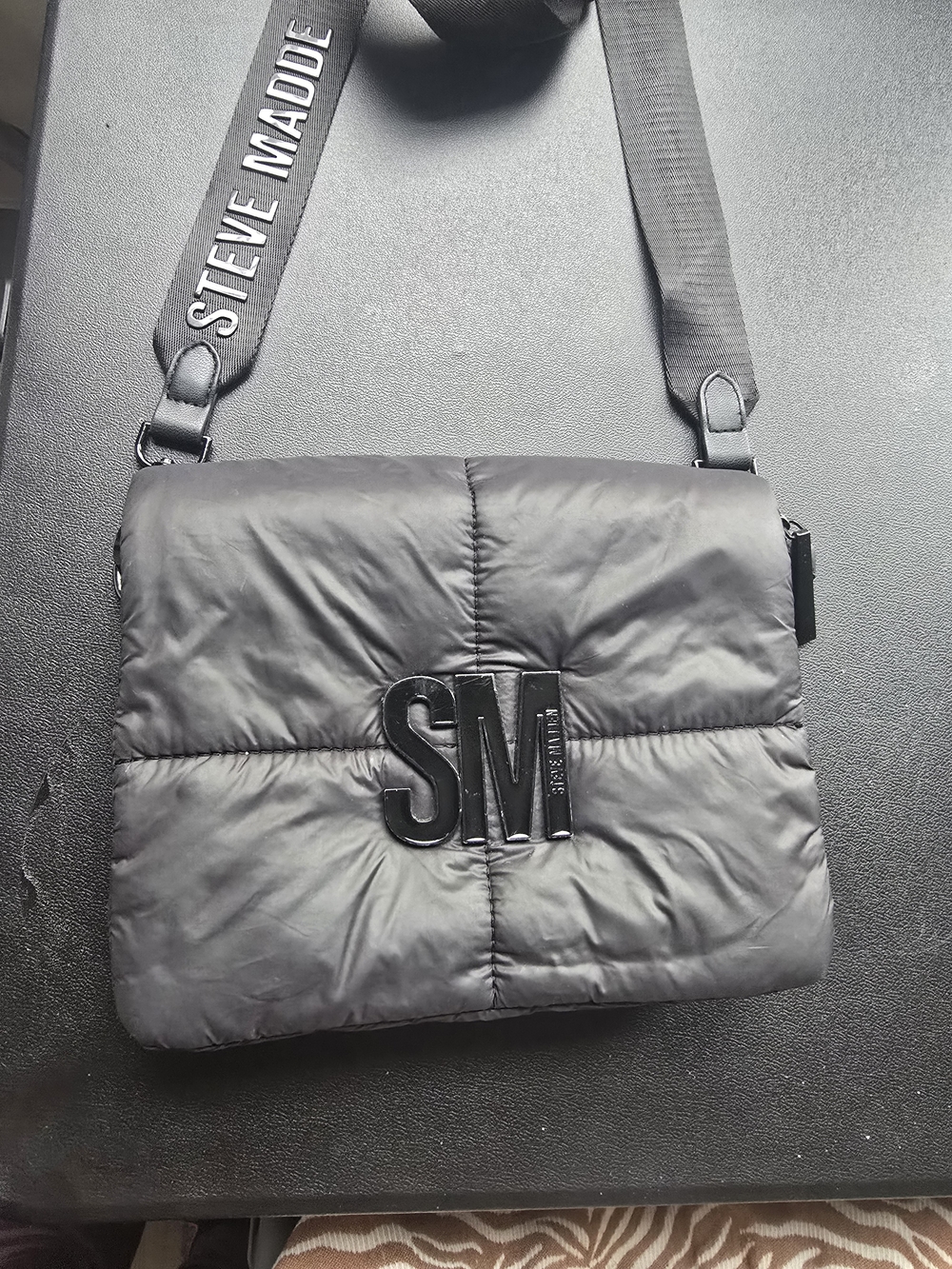 Steve Madden Black Quilted Messenger Bag with SM Logo